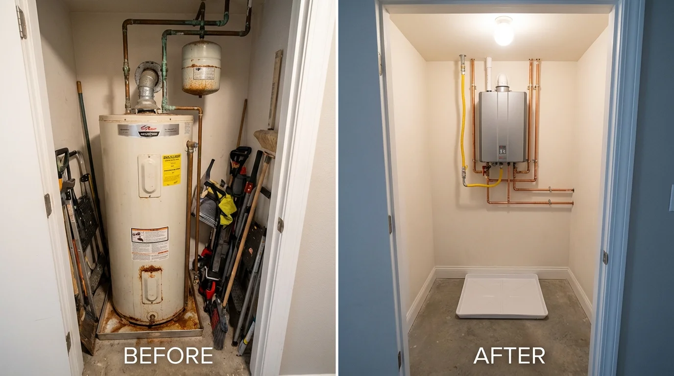 Tank water heater versus wall-mounted tankless unit comparison for Denmark, ME homeowners
