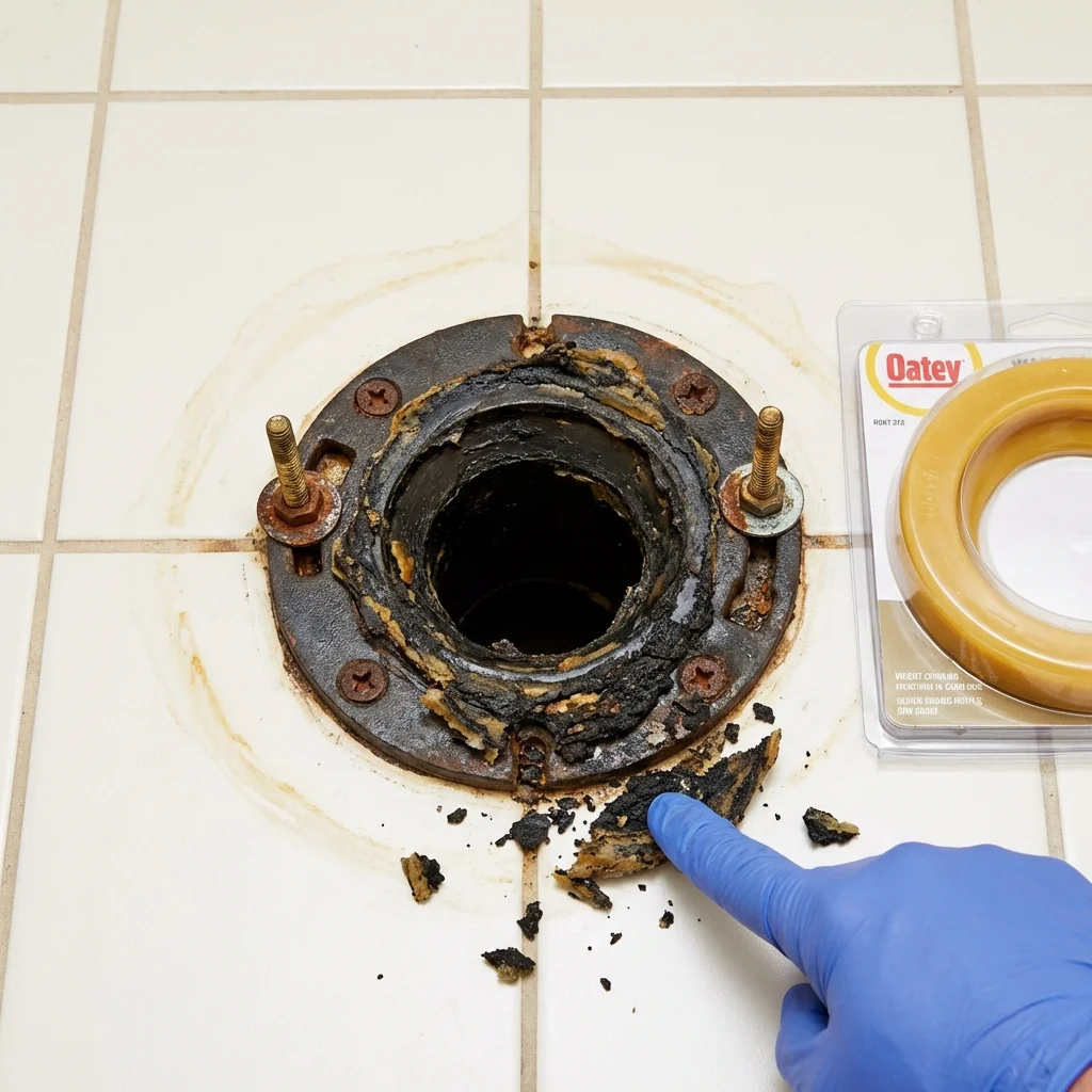 Failed wax ring showing water seepage at the base of a toilet in a Denmark, ME home
