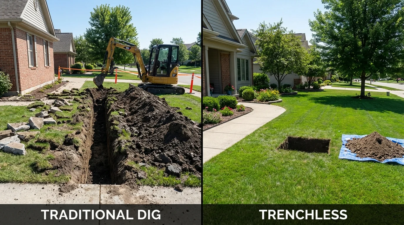 Trenchless sewer repair with minimal yard damage versus traditional excavation in Denmark, ME