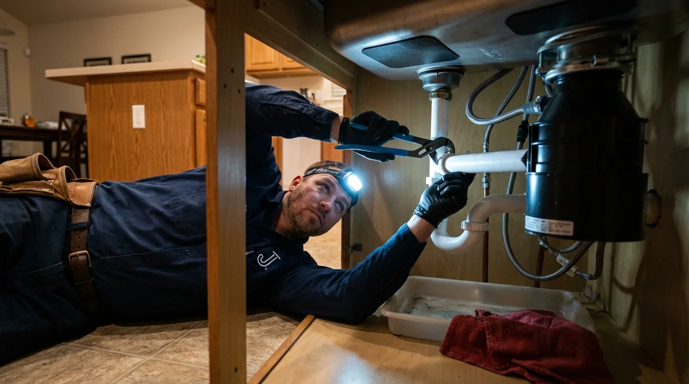 P-trap and supply line connections under a kitchen sink showing a common leak point in Denmark, ME